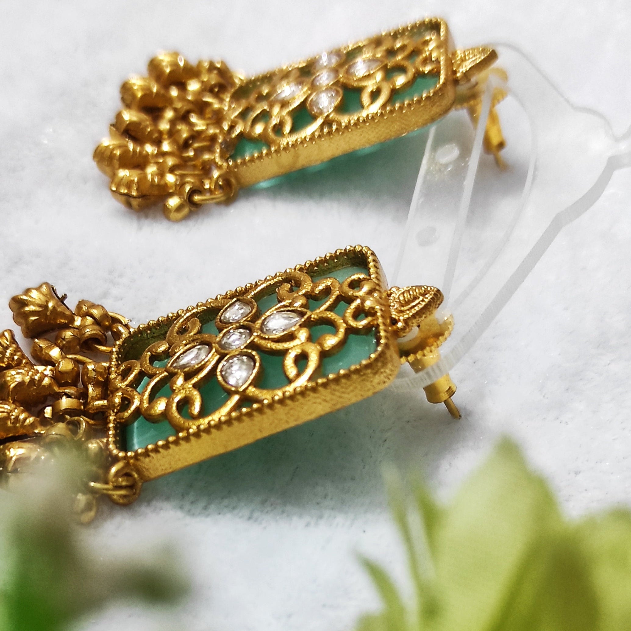 Mint Meenakari Kundan Earrings